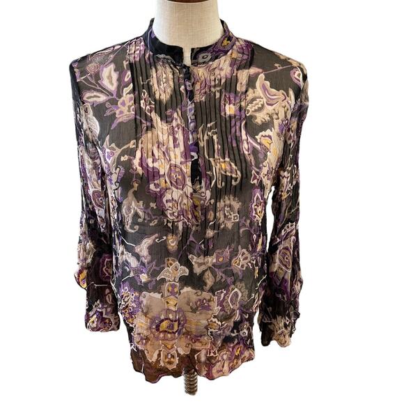 Sheer Silk Chiffon Long Sleeve Pintuck Top Purple Boho Print L - Picture 1 of 8